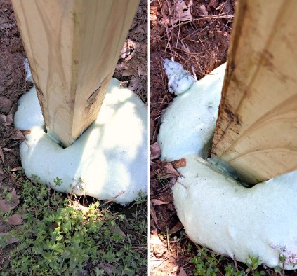 expanding foam in a fence post hole